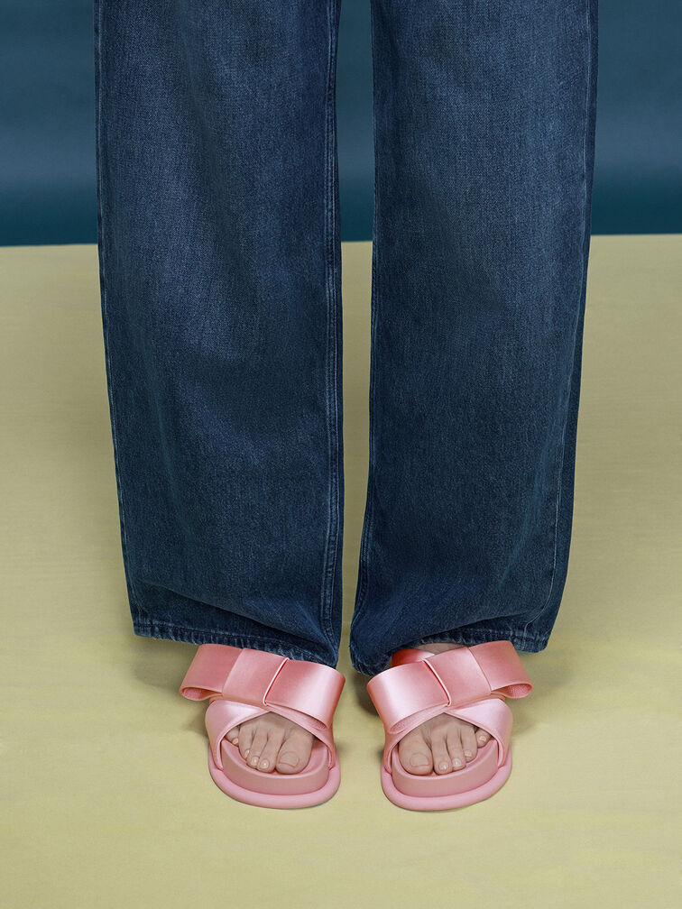Satin Bow Flatform Sandals, Pink Satin Bow Flatform Sandals, Pink, hi-res