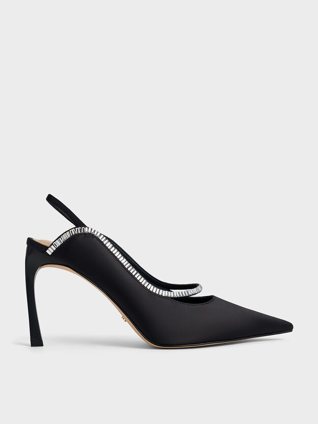 Recycled Polyester Crystal-Embellished Pointed-Toe Slingback Pumps, Black Textured, hi-res