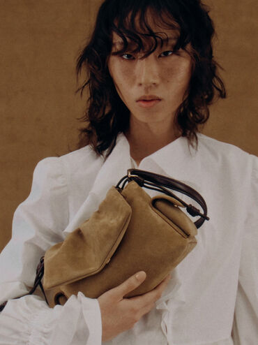 Khai Recycled Suede Ruched-Flap Side-Pocket Top Handle Bag, Sahara Sand, hi-res