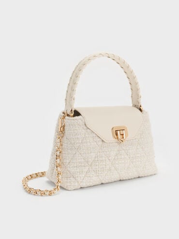 Arwen Tweed Quilted Braided-Strap Top Handle Bag, Cream Tweed, hi-res