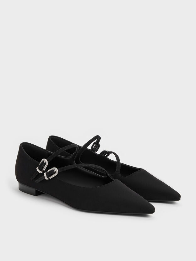 Faux Suede Crystal-Buckle Double-Strap Mary Janes, Black Textured, hi-res