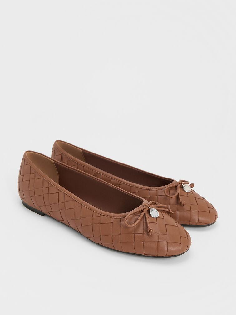 Ivette Woven Bow Ballet Flats, Brown Ivette Woven Bow Ballet Flats, Brown, hi-res