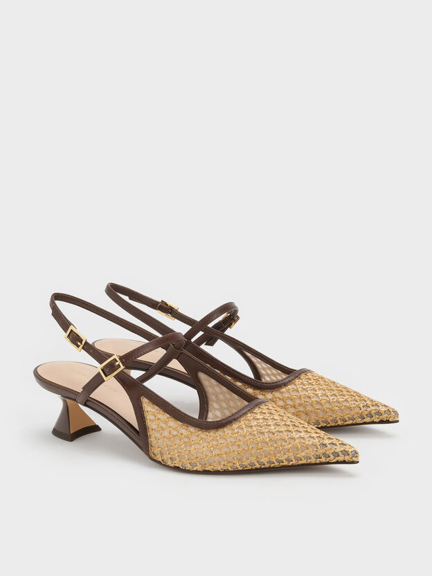 Raffia Sculptural-Heel Slingback Pumps, Dark Brown Textured, hi-res