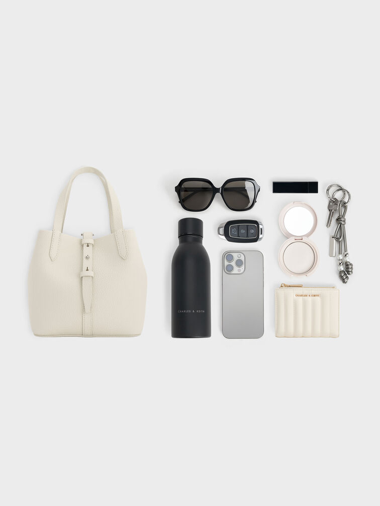 Beryl Recycled Leather Double-Handle Belted Bucket Bag, Cream, hi-res