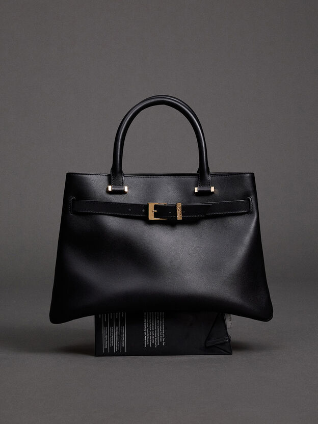 Voyager Leather Belted Tote Bag, Black, hi-res