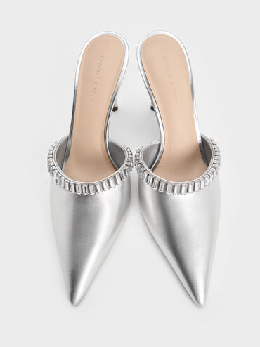 Metallic Crystal-Embellished Pointed-Toe Heeled Mules, Silver, hi-res
