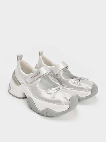 Satin Bow Two-Tone Mary Jane Sneakers, Silver, hi-res
