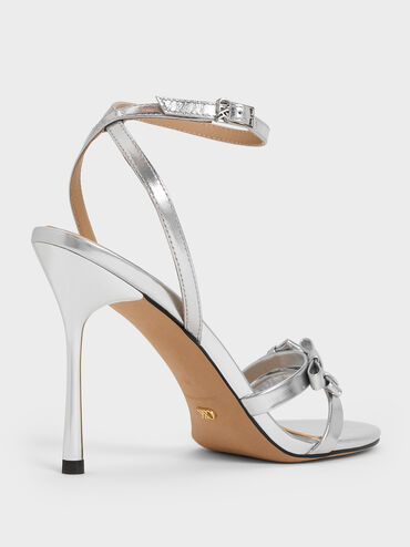 Jessy Metallic Leather Bow Ankle-Strap Stiletto-Heel Sandals, Silver, hi-res