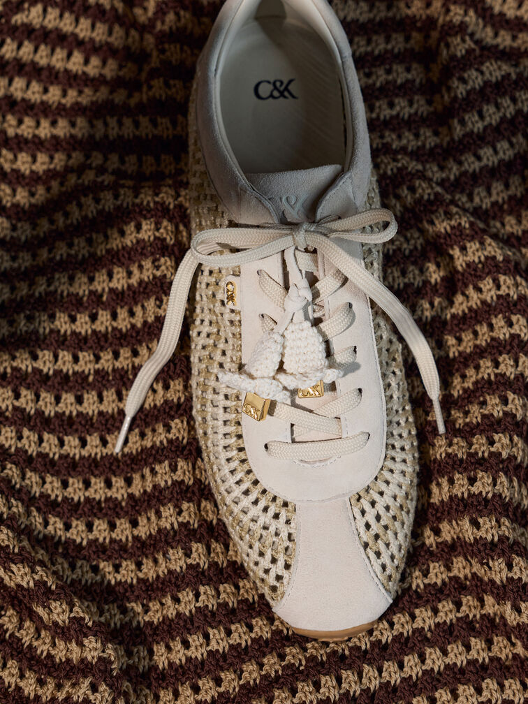 Jace Crochet & Suede Flower Sneakers, Chalk, hi-res