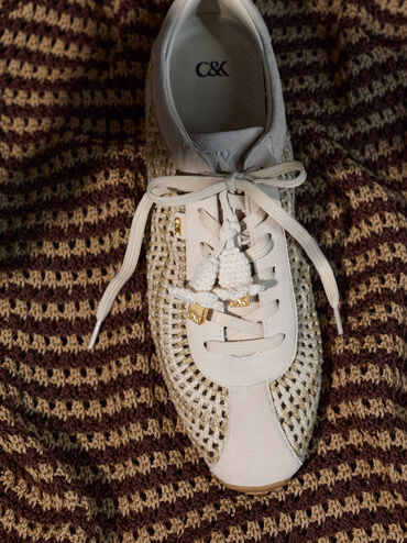 Jace Crochet & Suede Flower Sneakers, Chalk, hi-res