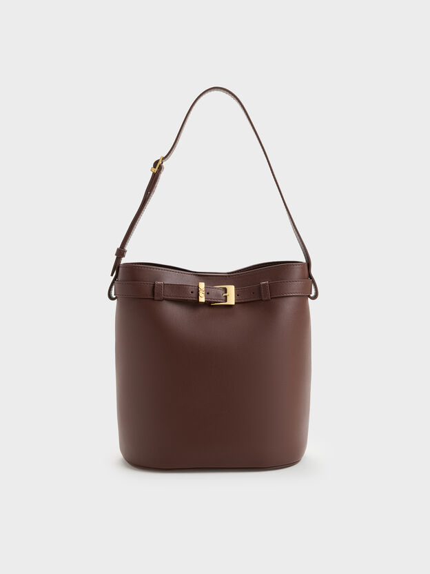 Jody Leather Belted Bucket Bag, Brown, hi-res