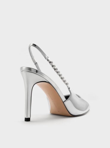Flores Metallic Gem-Strap Slingback Pumps, Silver, hi-res