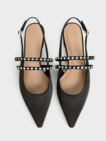 Goldie Recycled Polyester Gem-Encrusted Mary Jane Flats, Black Textured, hi-res