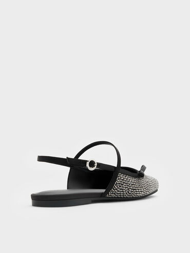 Crystal-Embellished Bow Slingback Mary Jane Flats, Black Textured, hi-res