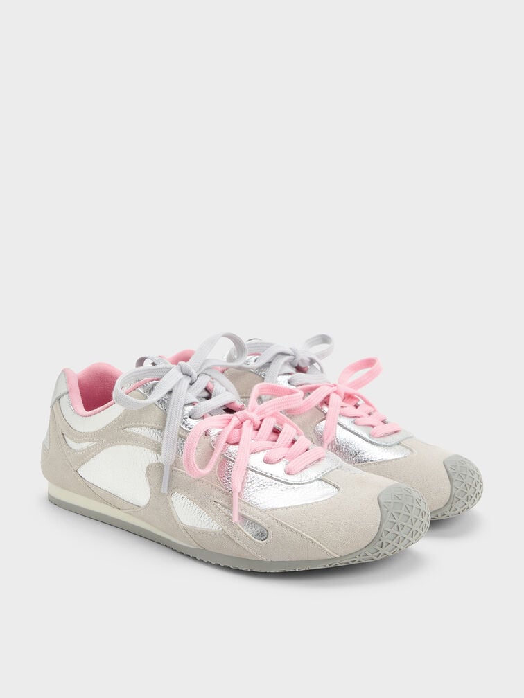 Metallic Leather & Suede Double-Lace Sneakers, Silver, hi-res