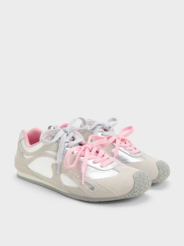 Metallic Leather & Suede Double-Lace Sneakers, Silver, hi-res