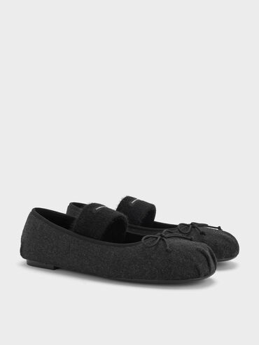 Winona Felt Bow Furry-Strap Mary Jane Flats, Black Textured, hi-res