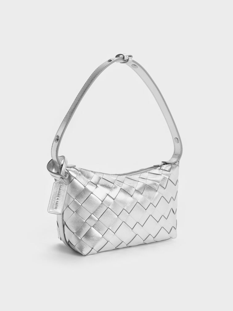 Ivette Metallic Woven Shoulder Bag, Silver, hi-res