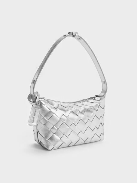 Ivette Metallic Woven Shoulder Bag, Silver, hi-res