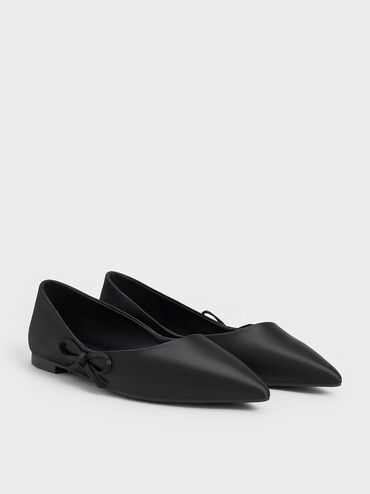 Satin Bow Pointed-Toe Flats, Black Textured, hi-res