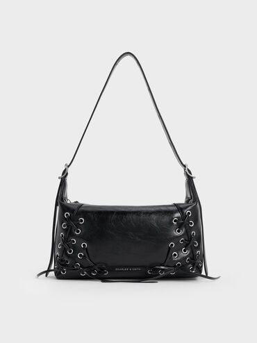 Xylia Grommet Lace-Up Shoulder Bag, Noir, hi-res