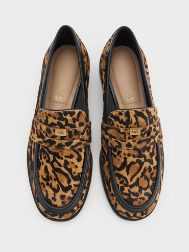 Georgina Calf Hair Leopard-Print Metallic-Accent Penny Loafers, Animal Print Brown, hi-res