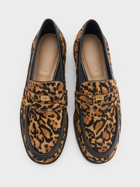 Georgina Calf Hair Leopard-Print Penny Loafers, Animal Print Brown, hi-res