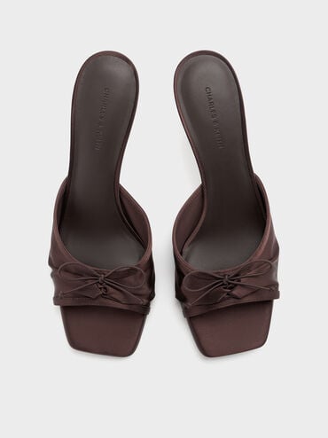 Sadira Satin Ruched Bow Heeled Mules, Dark Brown, hi-res