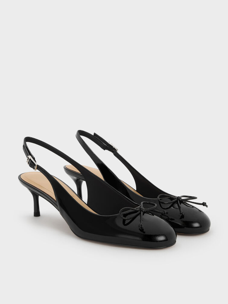 Aretha Patent Leather Bow Slingback Kitten Heels, Black Patent, hi-res