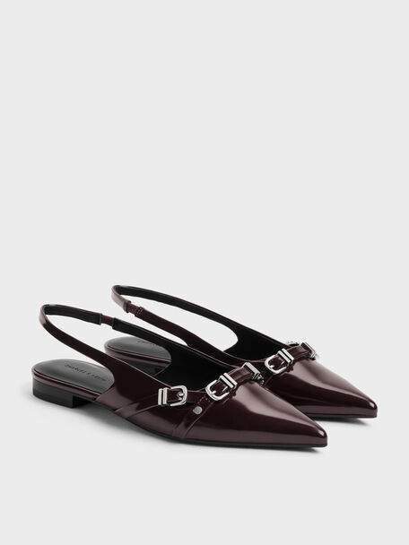 Aira Buckled-Strap Slingback Flats, Burgundy, hi-res