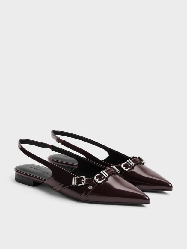 Aira Buckled-Strap Slingback Flats, Burgundy, hi-res
