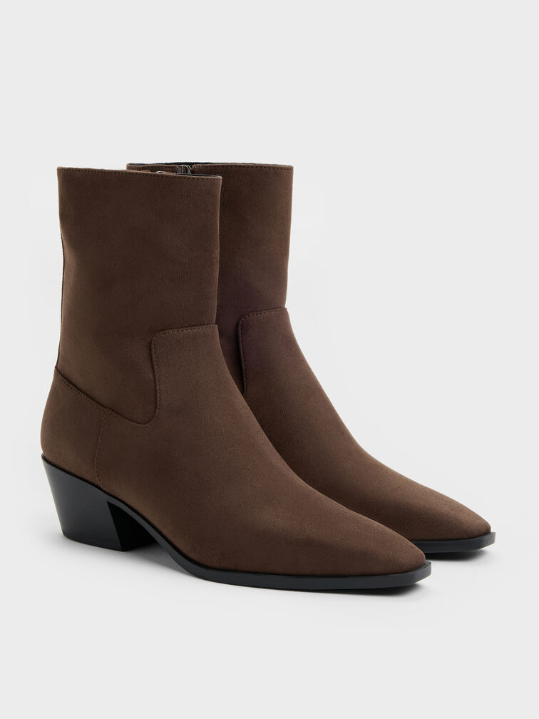 Faux Suede Tapered Ankle Boots, Dark Brown Textured, hi-res