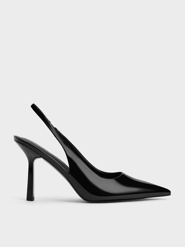 Patent Pointed Slingback Pumps, Black Patent, hi-res