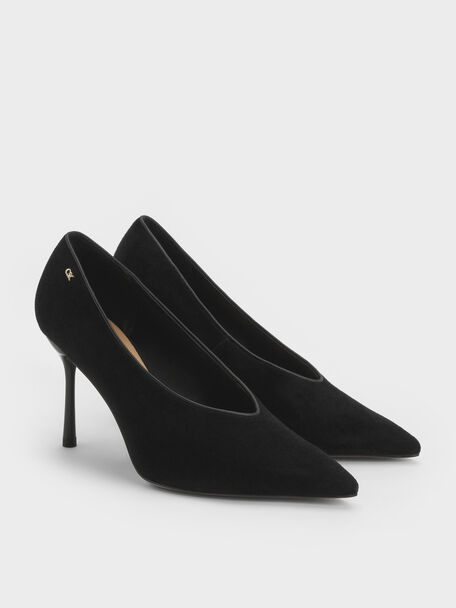 Leather & Suede Pointed Pumps, Black Textured, hi-res
