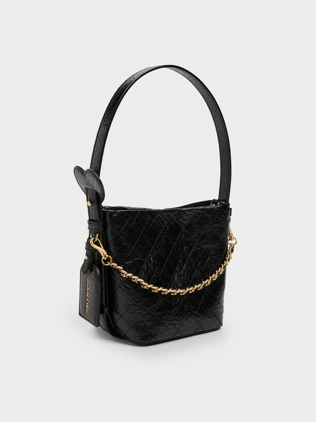 Duo Quilted Chain Bucket Bag, Black, hi-res