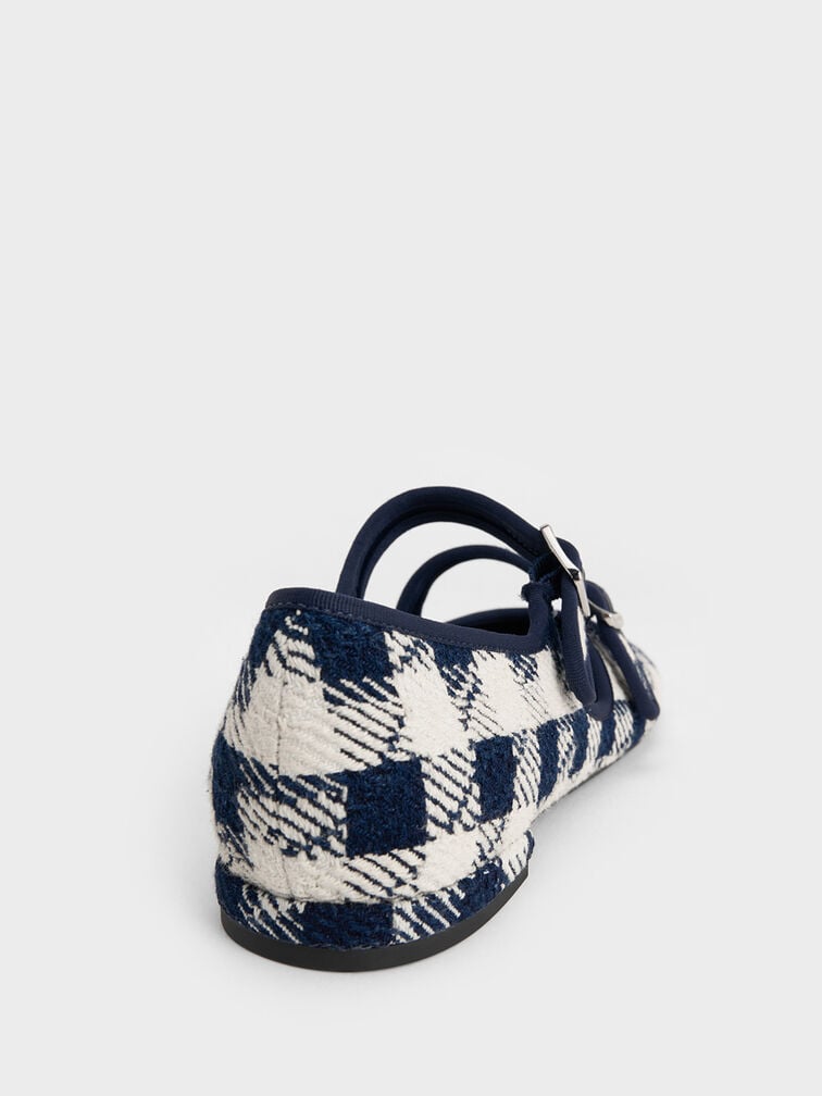 Checkered Double-Strap Mary Jane Flats, Dark Blue, hi-res