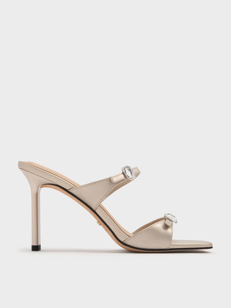 Pearlescent Leather Gem-Buckle Double-Strap Heeled Sandals, Ivory, hi-res