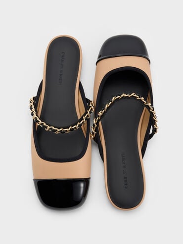 Patent Two-Tone Chain-Strap Mules, Sand, hi-res