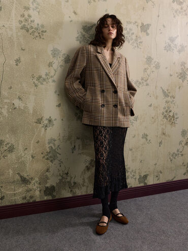 Faux Suede Contrast-Trim Buckle-Strap Mary Janes, Brown, hi-res