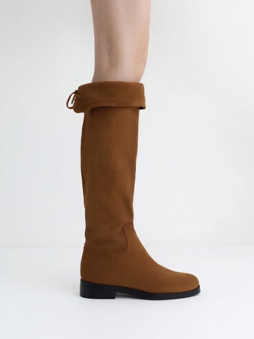 Faux Suede Fold-Over Back-Tie Thigh-High Boots, Brown, hi-res