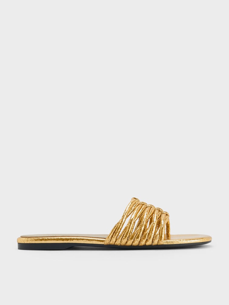 Metallic Crinkle-Effect Woven Slide Sandals, Gold, hi-res