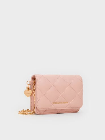 Arrietty Quilted Bow-Heart Charm Small Wallet, Light Pink, hi-res
