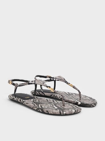 Leather Snake-Print T-Bar Thong Sandals, Animal Print Grey, hi-res