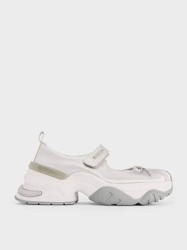 Satin Bow Two-Tone Mary Jane Sneakers, Silver, hi-res