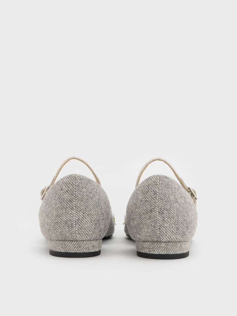 Twill Bead-Flower Pointed-Toe D'Orsay Mary Jane Flats, Grey, hi-res