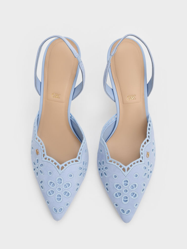 Leather Embroidered Pointed Slingback Pumps, Light Blue, hi-res