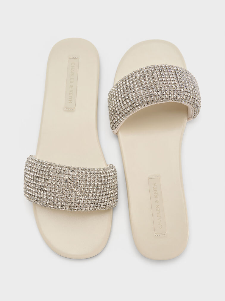 Faux Suede Crystal-Embellished Slide Sandals, Chalk, hi-res