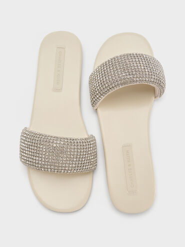 Faux Suede Crystal-Embellished Slide Sandals, Chalk, hi-res