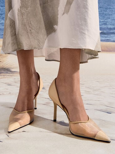 Mesh Pointed-Toe D'Orsay Pumps, Nude, hi-res