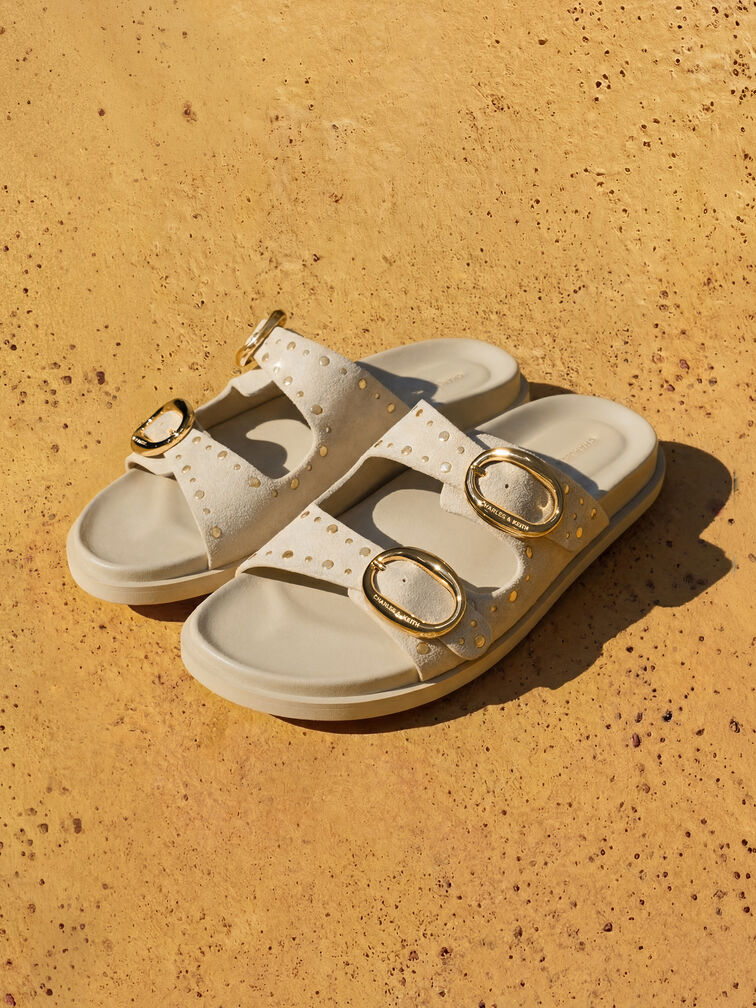 Studded Buckled Double-Strap Slides, Beige, hi-res